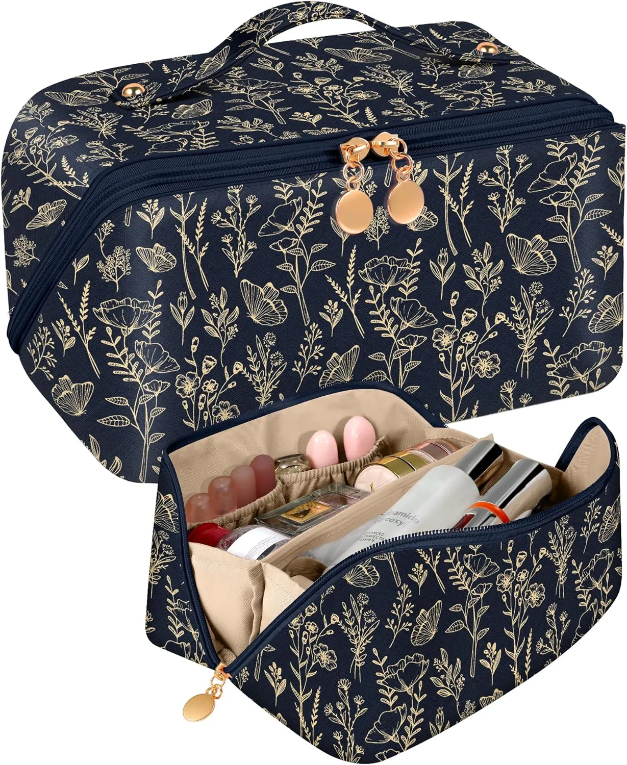 Bistup Makeup Bag Travel Cosmetic Bag Toiletry Make Up Bags Cute Women Large Capacity Big Medium Leather Black and Gold Floral Aesthetic Girl Teen Teenage Foldable Expandable Open Flat Zip