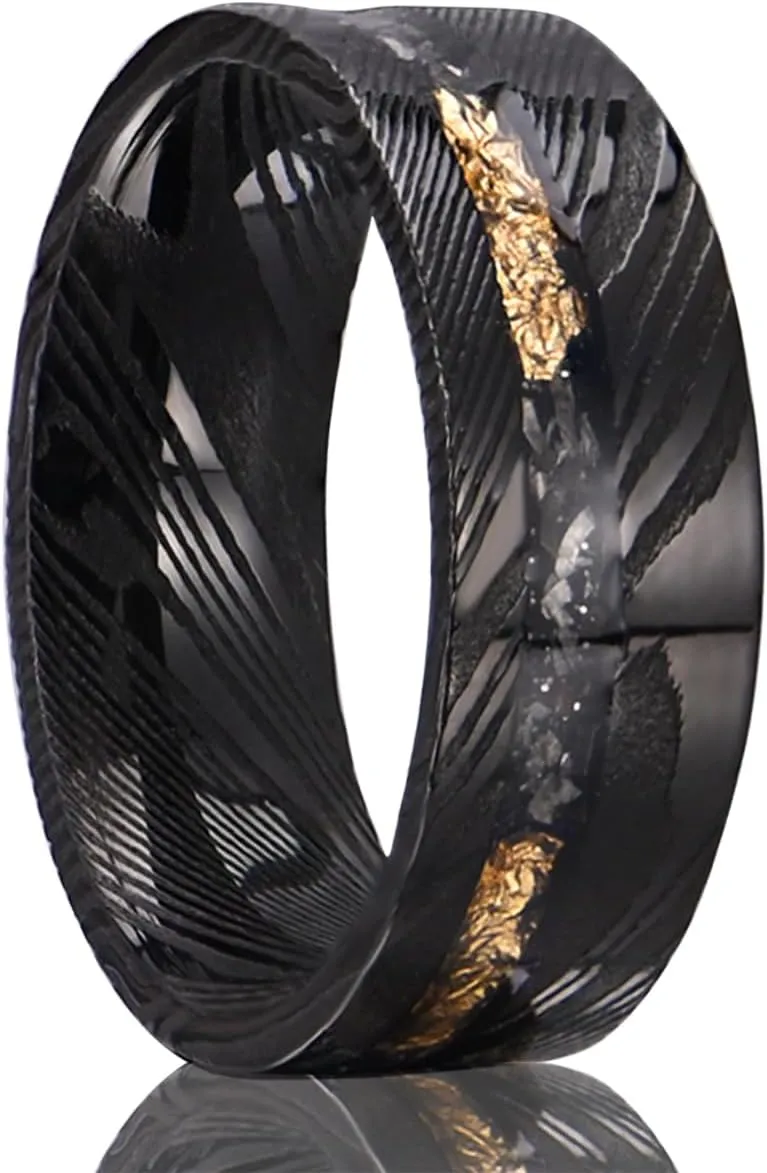 Black Damascus Steel Rings for Men Inlaid with Gold Foil Meteorite Fragments 8mm Flat Men's Wedding Bands Stylish and Comfortable Suitable for Party Anniversaries