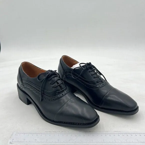 Black Fashion Cap Toe Low Heel Oxford Lace Up Casual Daily Walking Shoes