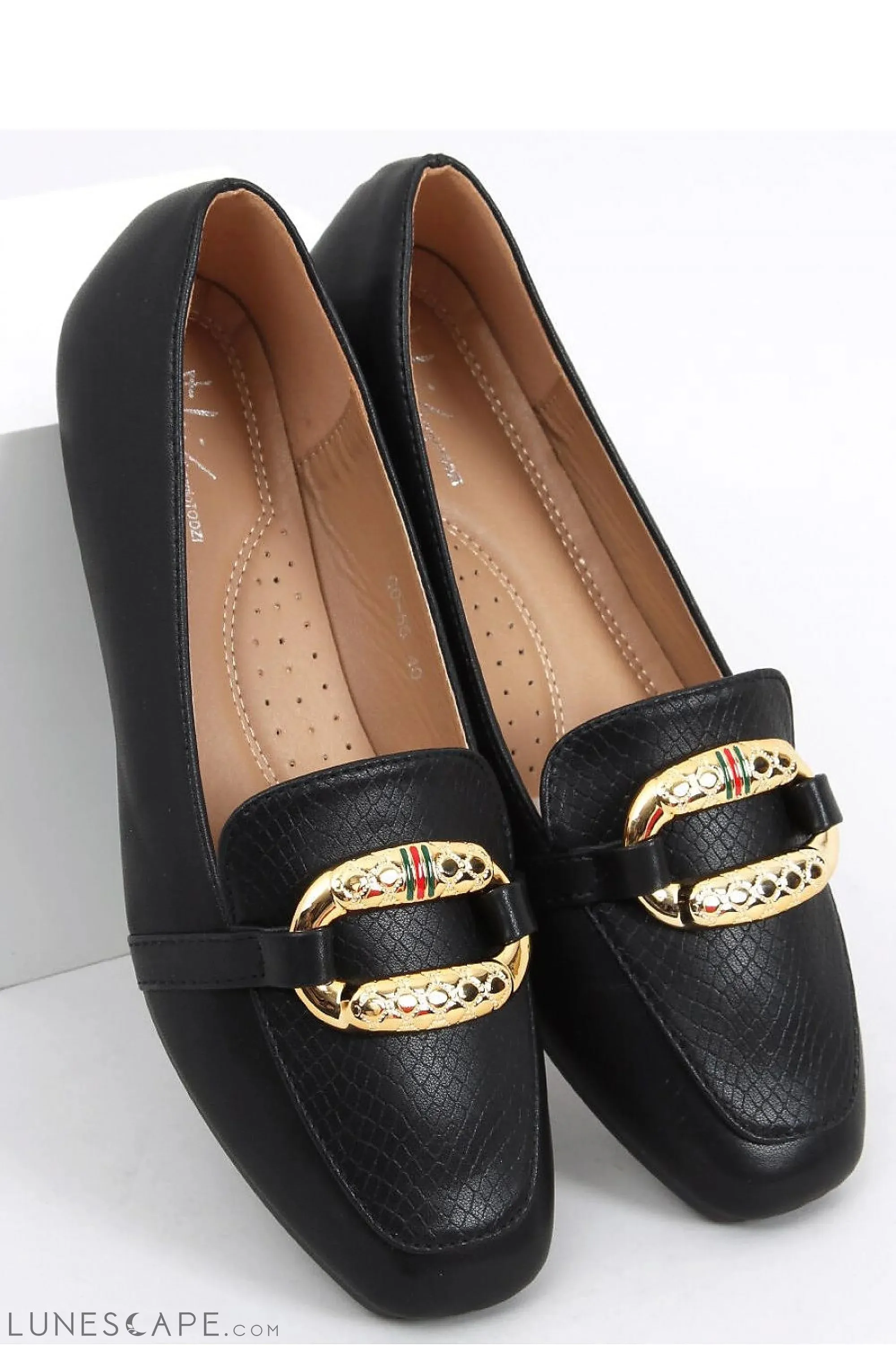 Black Square Toe Women's Loafers – Croc-Embossed Vamp with Gold Buckles
