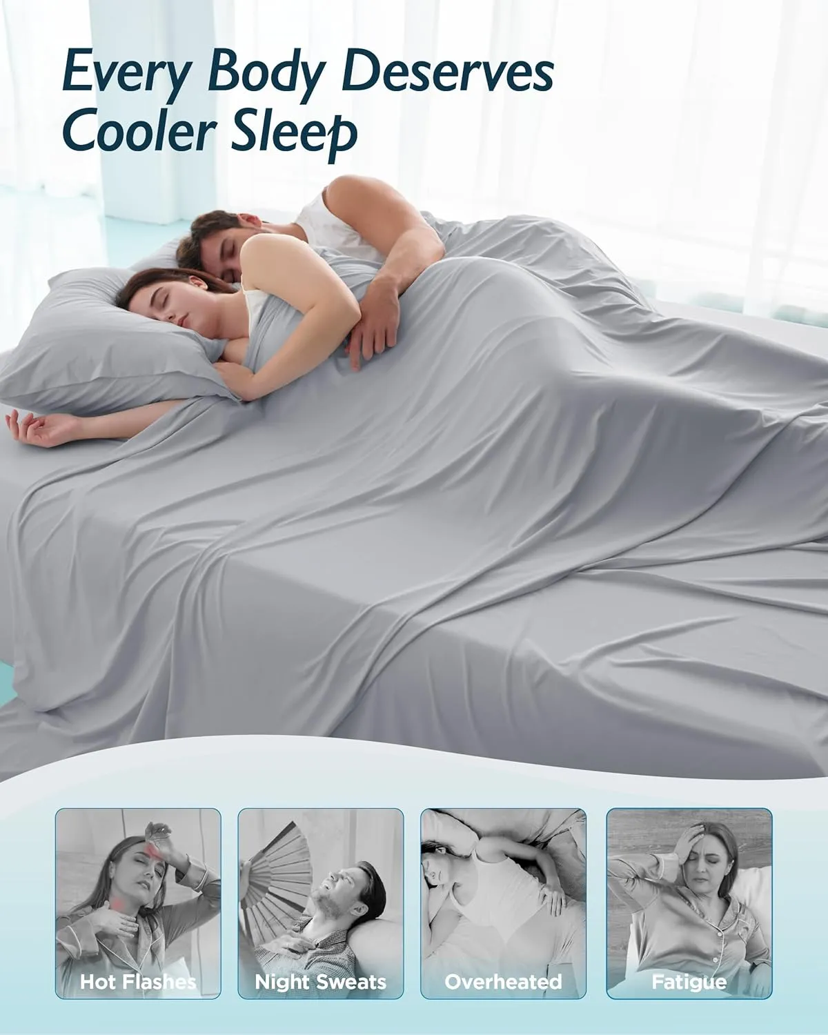 Breescape Cooling Sheet Set Queen Size - BlendTek™ Dry & Cool Technology for Hot Sleepers and Night Sweats, Q-Max>0.46 Tech, Deep Pocket Up to 18", 360° Elastic Band, Misty Gray