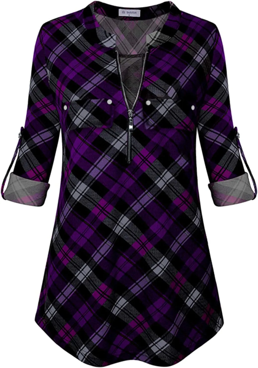 Bulotus Women's Zip Front V-Neck 3/4 Sleeve Tunic Casual Top