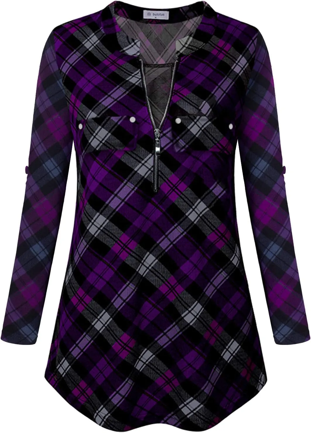 Bulotus Women's Zip Front V-Neck 3/4 Sleeve Tunic Casual Top