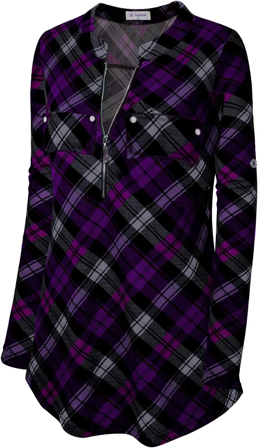 Bulotus Women's Zip Front V-Neck 3/4 Sleeve Tunic Casual Top