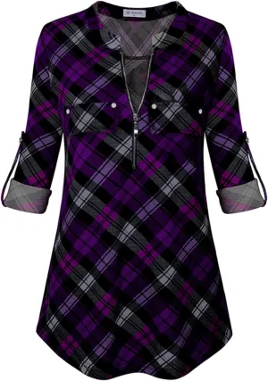 Bulotus Women's Zip Front V-Neck 3/4 Sleeve Tunic Casual Top