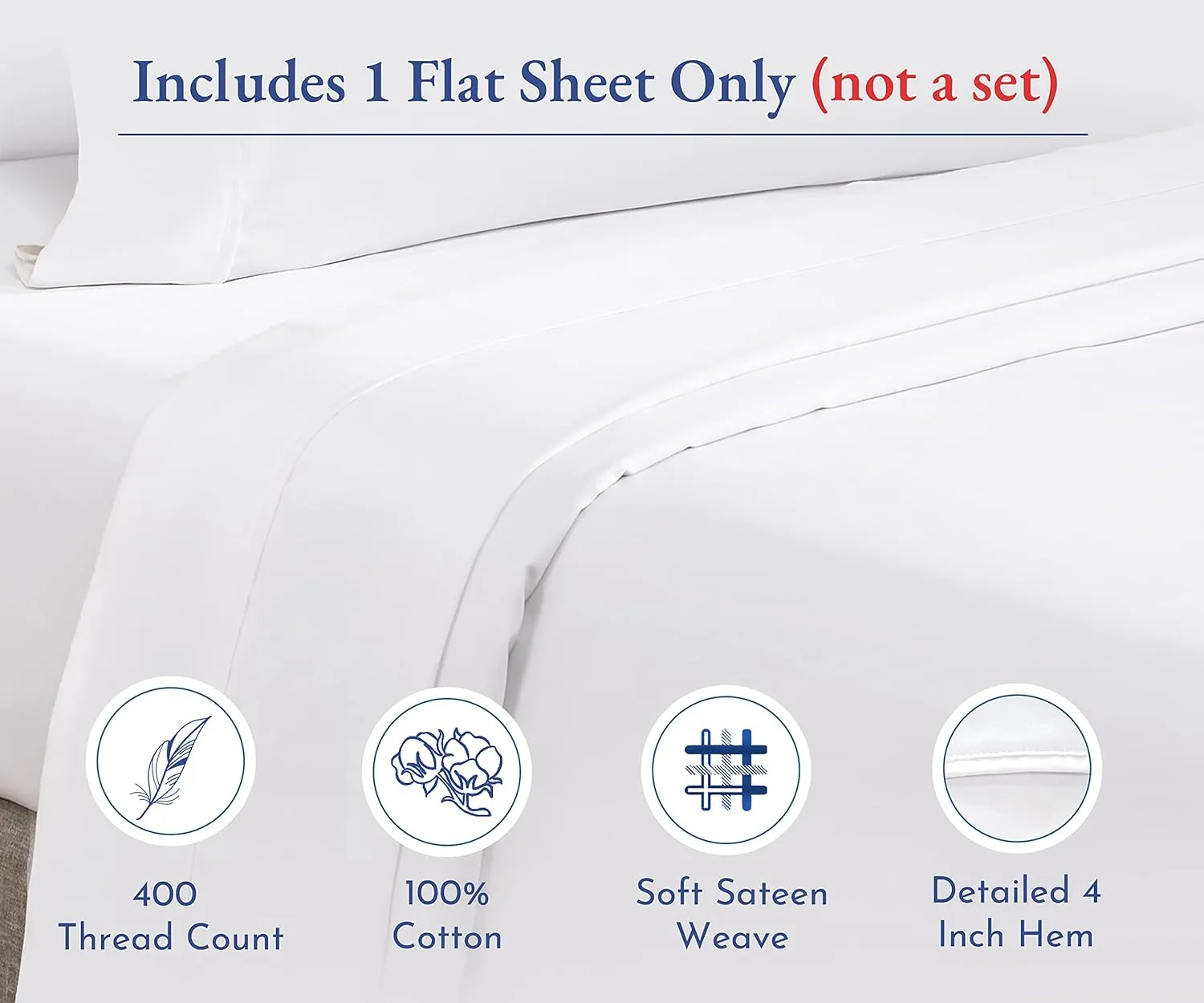 California Design Den Full Size Flat Sheet Only - 400 Thread Count 100% Cotton Sateen, Durable, Breathable and Cooling Bed Sheets - White
