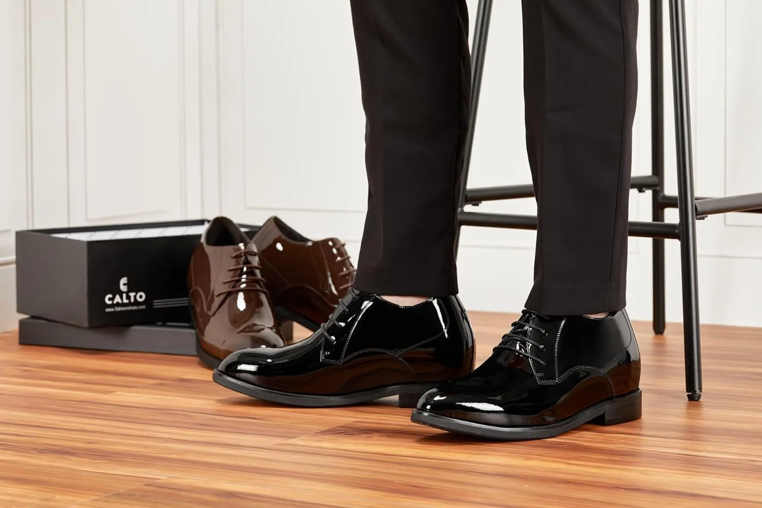 CALTO Men's Invisible Height Increasing Elevator Shoes - Black Patent Leather Lace-up Formal Dress Oxfords - 3.4 Inches Taller - K8010 - Size 10 D(M) US
