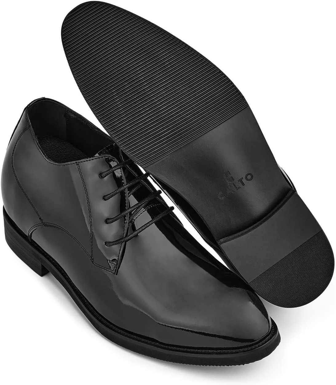 CALTO Men's Invisible Height Increasing Elevator Shoes - Black Patent Leather Lace-up Formal Dress Oxfords - 3.4 Inches Taller - K8010 - Size 10 D(M) US