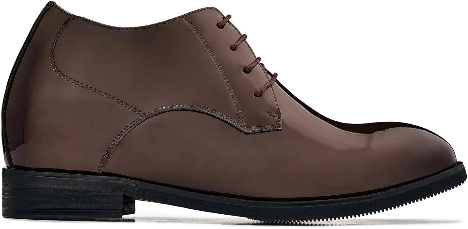 CALTO Men's Invisible Height Increasing Elevator Shoes - Coffee Brown Patent Leather Lace-up Formal Dress Oxfords - 3.4 Inches Taller - K8011 - Size 10 D(M) US