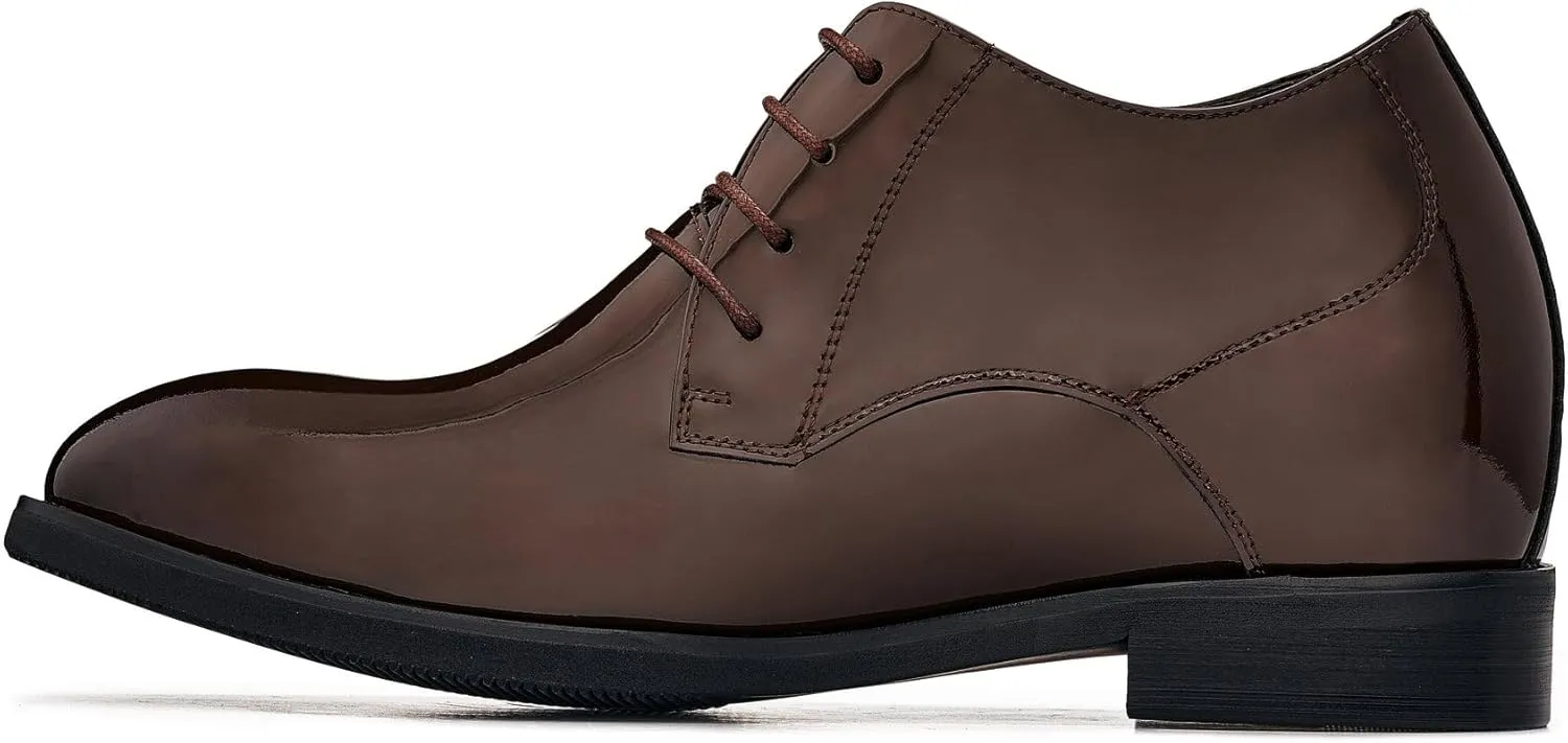 CALTO Men's Invisible Height Increasing Elevator Shoes - Coffee Brown Patent Leather Lace-up Formal Dress Oxfords - 3.4 Inches Taller - K8011 - Size 10 D(M) US
