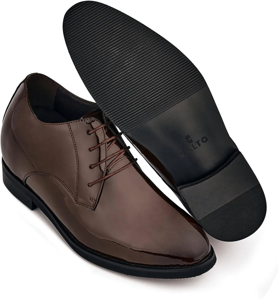 CALTO Men's Invisible Height Increasing Elevator Shoes - Coffee Brown Patent Leather Lace-up Formal Dress Oxfords - 3.4 Inches Taller - K8011 - Size 10 D(M) US