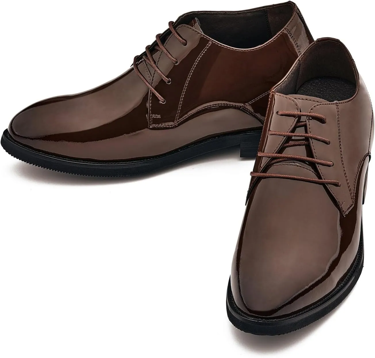 CALTO Men's Invisible Height Increasing Elevator Shoes - Coffee Brown Patent Leather Lace-up Formal Dress Oxfords - 3.4 Inches Taller - K8011 - Size 10 D(M) US