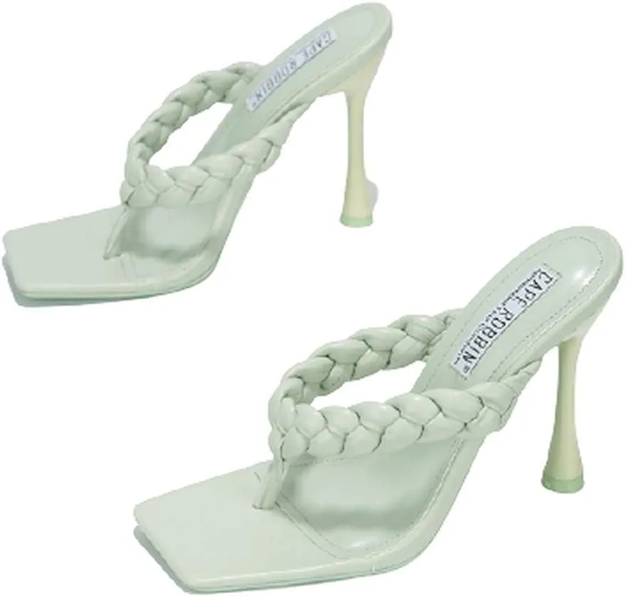 Cape Robbin Women's Square Open Toe Thong Sandal Stiletto Flip Flops Slip on High Heel Mule Shoes