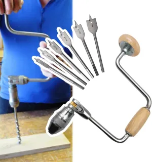 Carpenters Bit Brace Hand Crank Drill with 12-Inch Swing Arm, Steel and Plastic Construction, Comfortable Non-Slip Handle, Woodworking Tool (Wooden Handle Bit Brace   6 Drill Bits)
