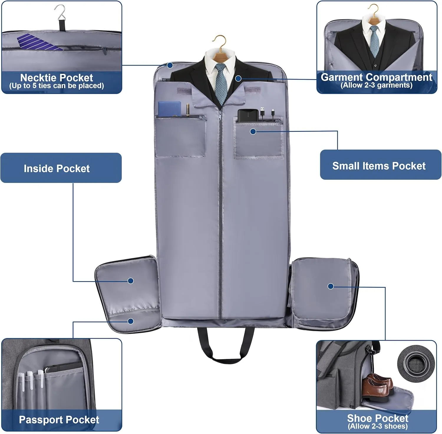 Carry On Luggage with Suit Compartment, YKK Zippers Travel Garment Duffle Bag, 2 in 1 Hanging Suitcase for Suits Men, Suit Garment Carry On Bag (Grey)