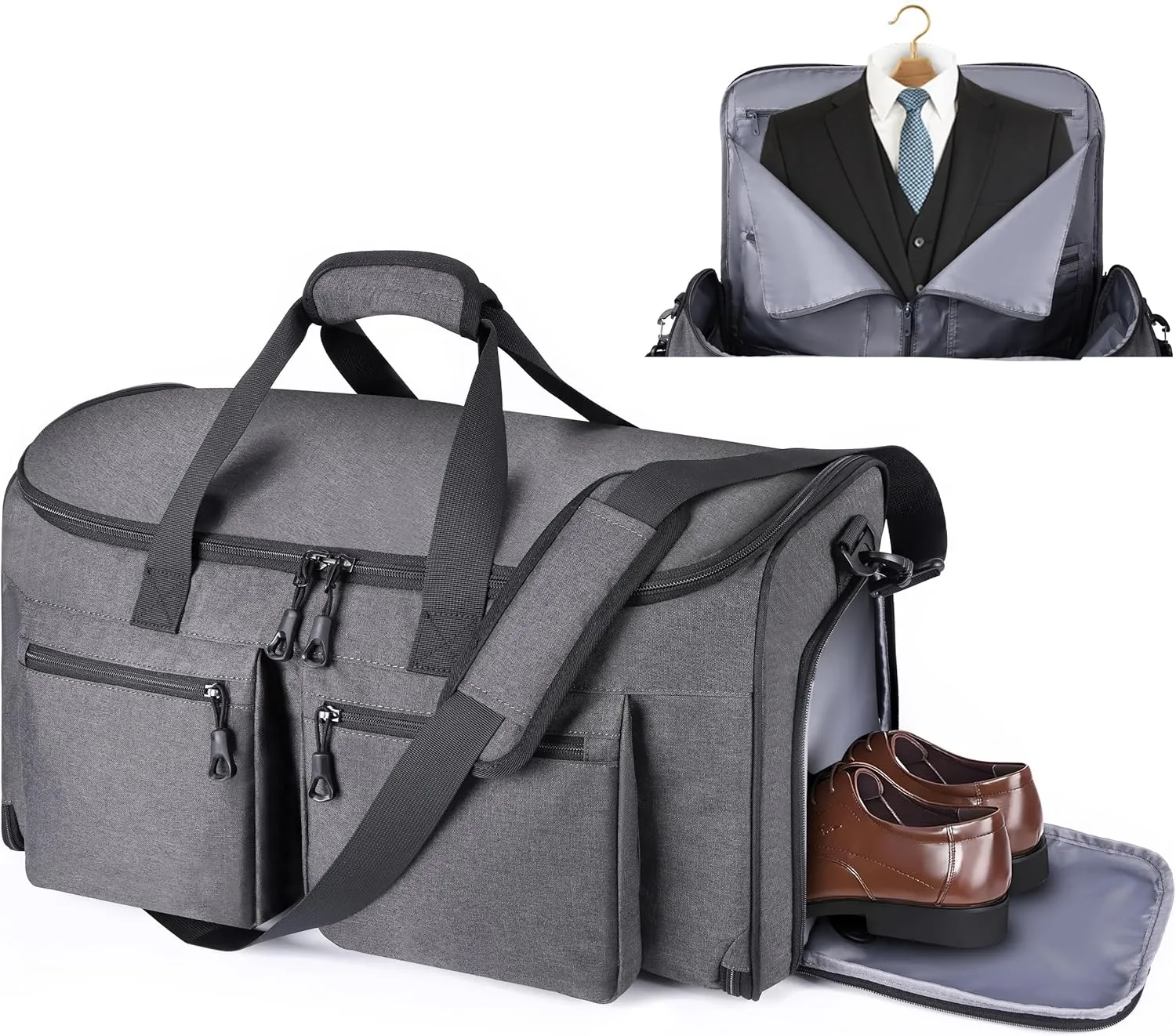 Carry On Luggage with Suit Compartment, YKK Zippers Travel Garment Duffle Bag, 2 in 1 Hanging Suitcase for Suits Men, Suit Garment Carry On Bag (Grey)