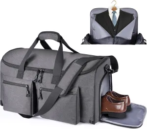 Carry On Luggage with Suit Compartment, YKK Zippers Travel Garment Duffle Bag, 2 in 1 Hanging Suitcase for Suits Men, Suit Garment Carry On Bag (Grey)