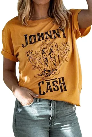 Cash T-Shirt Women Long Boots Graphic Short Sleeve Tees Loose Top Country Music Party Shirt Blouse Tees