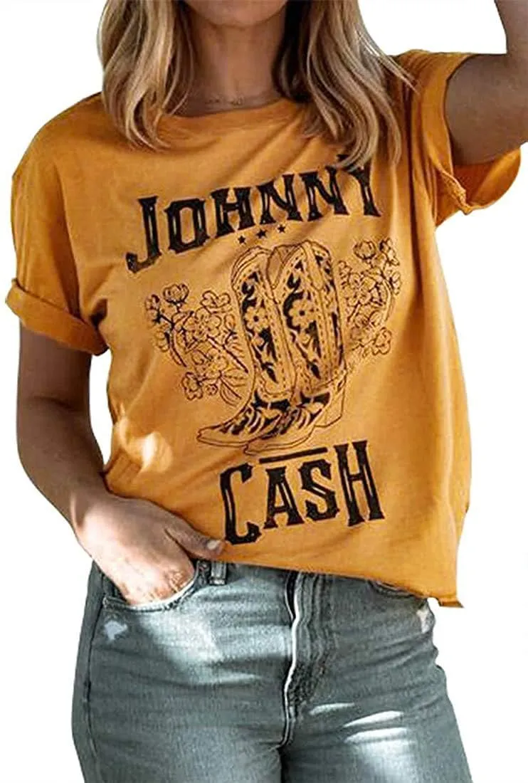 Cash T-Shirt Women Long Boots Graphic Short Sleeve Tees Loose Top Country Music Party Shirt Blouse Tees