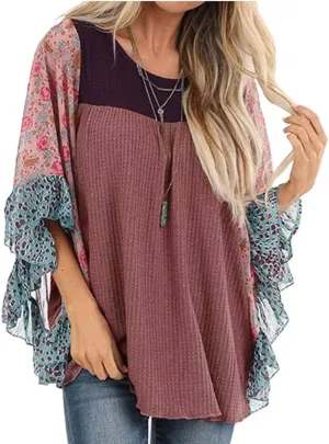 CASURESS Womens Floral Printed 3 4 Sleeve Shirt Batwing Loose Tops Blouses Pullover
