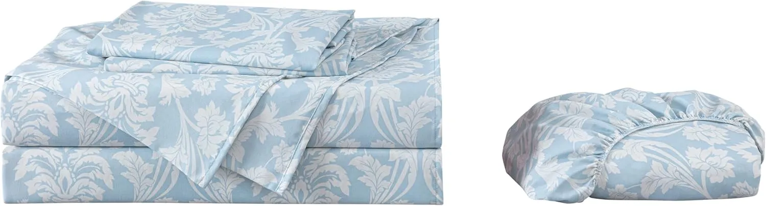 Chezmoi Collection 4-Piece Ivy Floral Medallion Bed Sheet Set, Queen Size - Blue/White Floral Printed Microfiber Soft Breathable Deep Pocket Sheets and Pillowcases Set