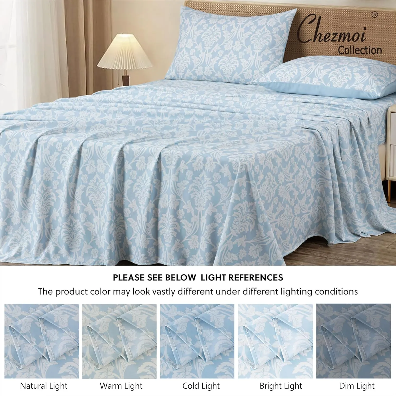 Chezmoi Collection 4-Piece Ivy Floral Medallion Bed Sheet Set, Queen Size - Blue/White Floral Printed Microfiber Soft Breathable Deep Pocket Sheets and Pillowcases Set