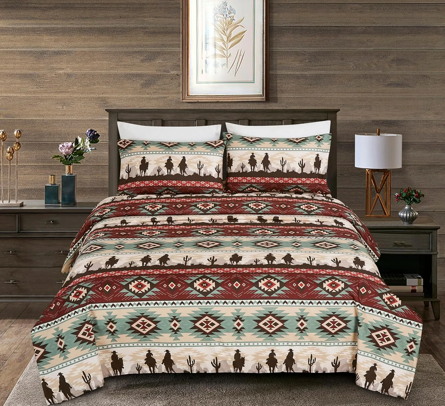 Chezmoi Collection 4-Piece Southwestern Cowboys Aztec Sheet Set Queen - Multicolor Teal Brown Beige Tan Red Printed Brushed Microfiber Lightweight Breathable Deep Pocket Bed Sheets