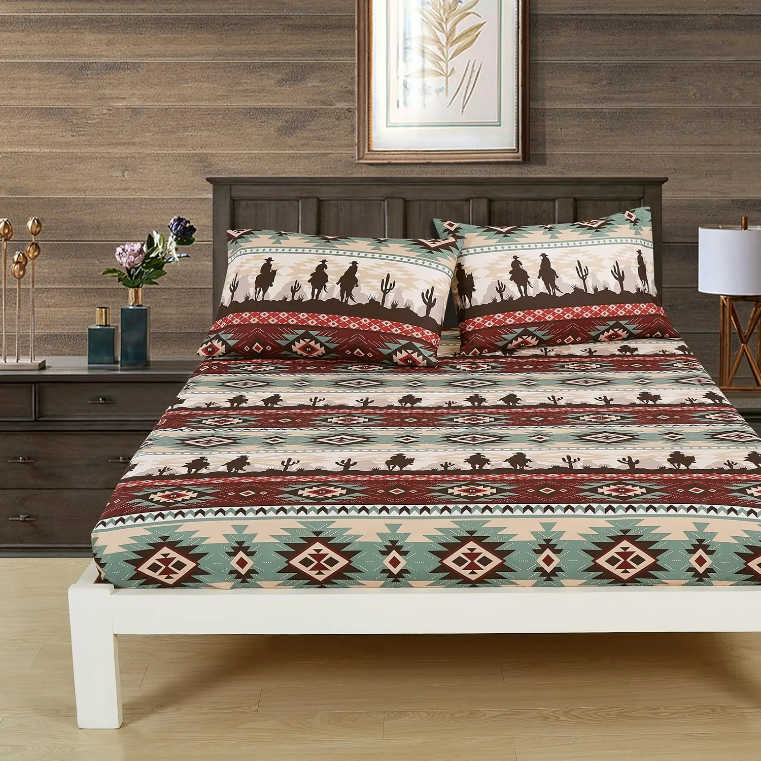 Chezmoi Collection 4-Piece Southwestern Cowboys Aztec Sheet Set Queen - Multicolor Teal Brown Beige Tan Red Printed Brushed Microfiber Lightweight Breathable Deep Pocket Bed Sheets