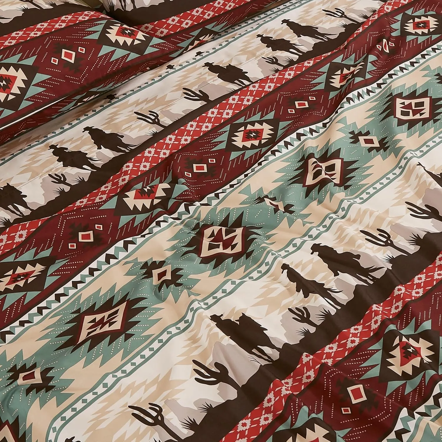 Chezmoi Collection 4-Piece Southwestern Cowboys Aztec Sheet Set Queen - Multicolor Teal Brown Beige Tan Red Printed Brushed Microfiber Lightweight Breathable Deep Pocket Bed Sheets