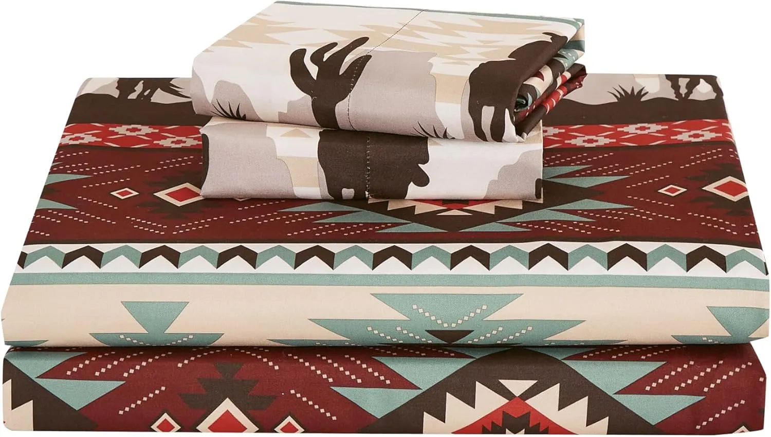 Chezmoi Collection 4-Piece Southwestern Cowboys Aztec Sheet Set Queen - Multicolor Teal Brown Beige Tan Red Printed Brushed Microfiber Lightweight Breathable Deep Pocket Bed Sheets