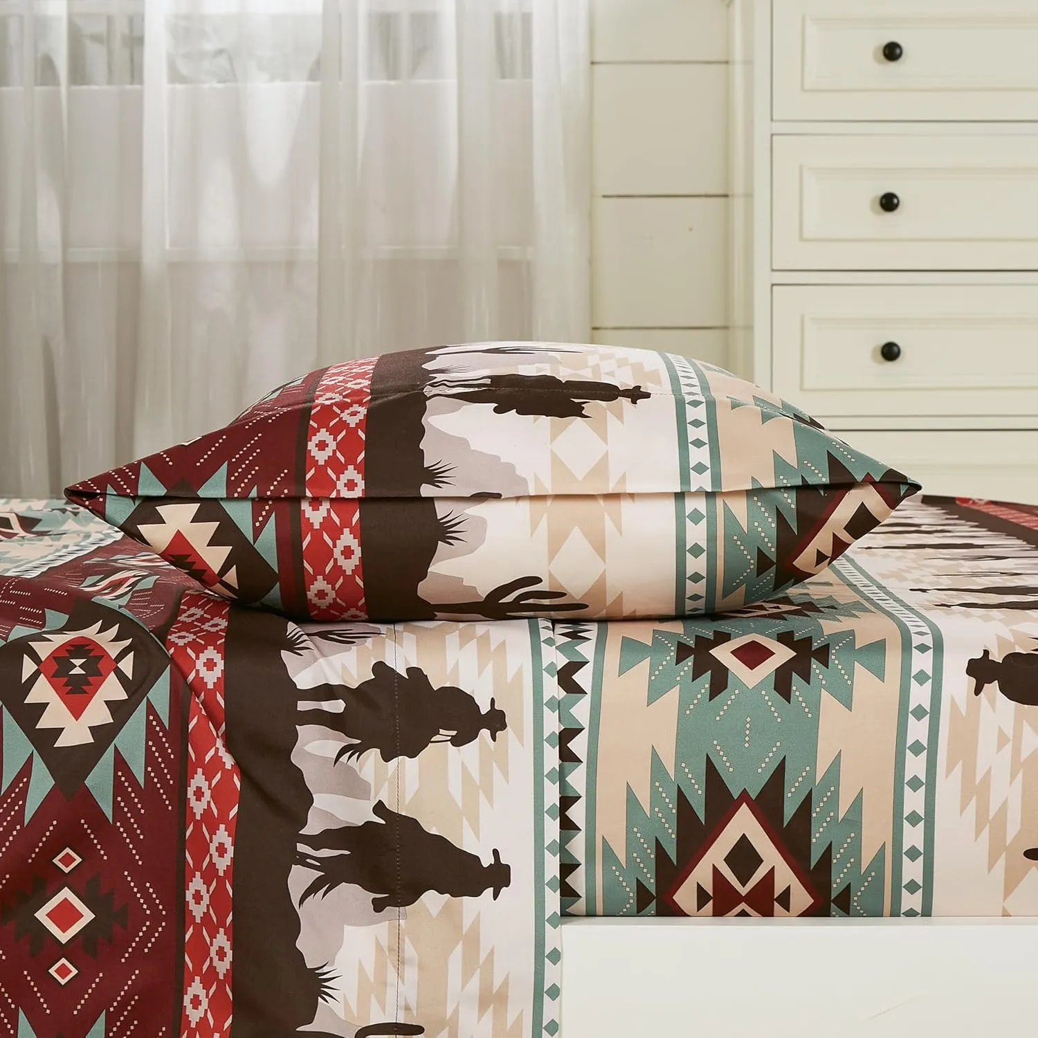 Chezmoi Collection 4-Piece Southwestern Cowboys Aztec Sheet Set Queen - Multicolor Teal Brown Beige Tan Red Printed Brushed Microfiber Lightweight Breathable Deep Pocket Bed Sheets