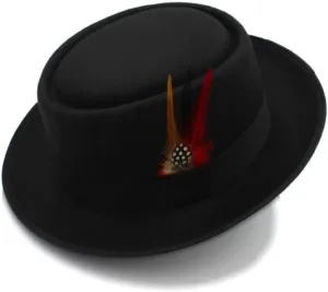Classic Pork Pie Hat with Feathers Flat Top Fedora, Vintage Panama Hat, Warm Comfortable Hat Jazz Hat