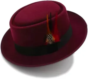 Classic Pork Pie Hat with Feathers Flat Top Fedora, Vintage Panama Hat, Warm Comfortable Hat Jazz Hat
