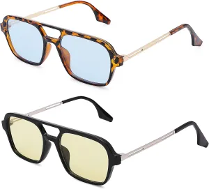 COASION Vintage 70s Flat Aviator Small Frame Sunglasses for Women Men Square Metal Design UV400 Protection Shades