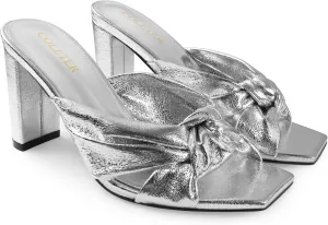 COLETER Women's Chunky Heeled Mules Bow Knot Square Toe Sandals Summer Evening Party Shoes