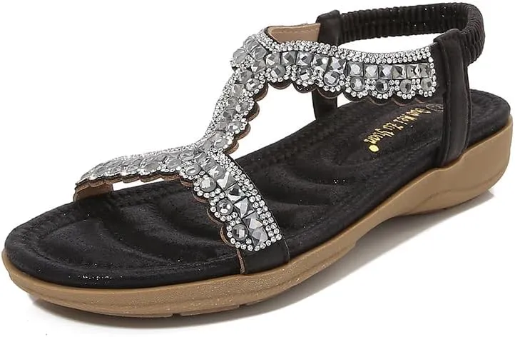Comfortable Summer Women Sandals Rhinestone Casual Flat Shoes Bohemian Style Beach Shoes