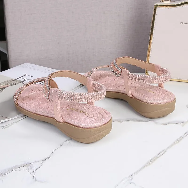 Comfortable Summer Women Sandals Rhinestone Casual Flat Shoes Bohemian Style Beach Shoes