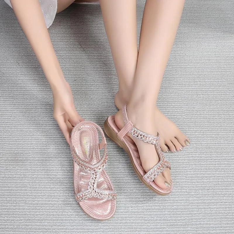 Comfortable Summer Women Sandals Rhinestone Casual Flat Shoes Bohemian Style Beach Shoes
