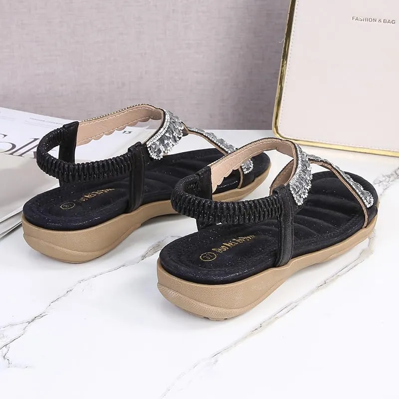Comfortable Summer Women Sandals Rhinestone Casual Flat Shoes Bohemian Style Beach Shoes