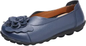Comfortable Walking Slip on Flat Shoes Ladies Dressy Loafers Breathable Leather Wide Width Loafer Round Toe Wild Fashion Soft Casual Outdoor Sandals for Women
