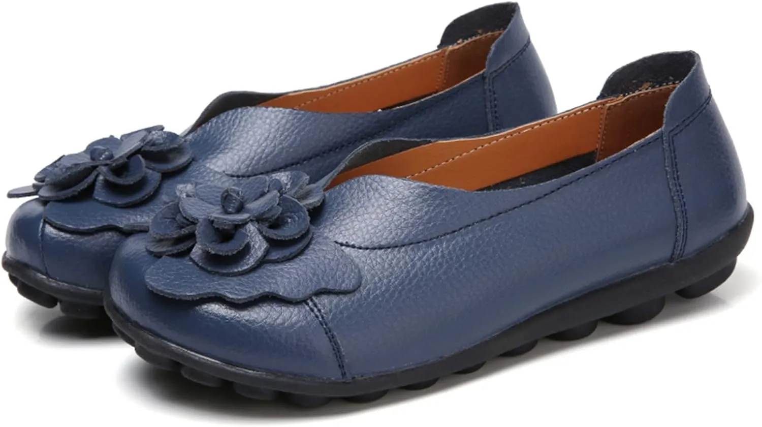 Comfortable Walking Slip on Flat Shoes Ladies Dressy Loafers Breathable Leather Wide Width Loafer Round Toe Wild Fashion Soft Casual Outdoor Sandals for Women