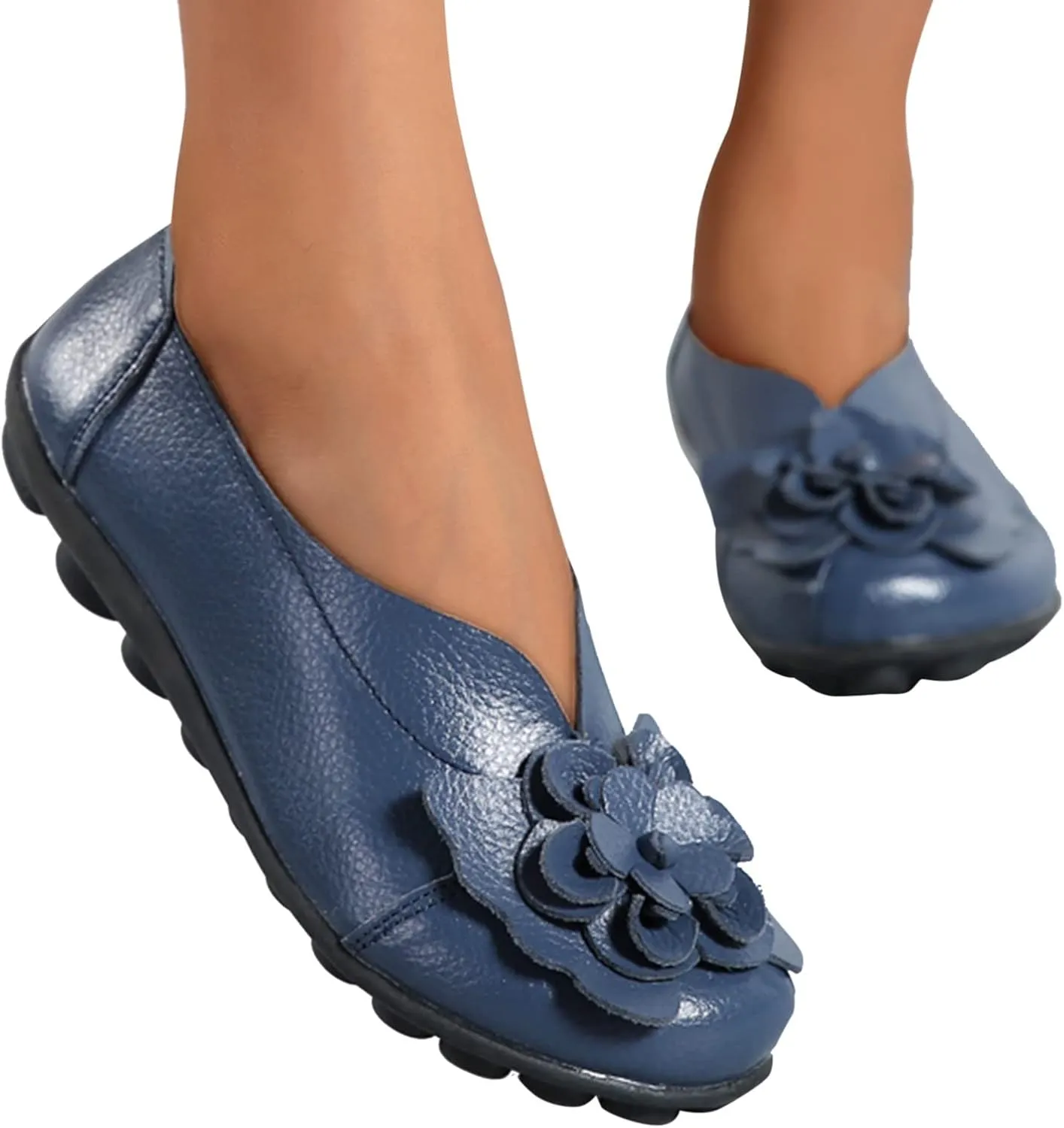 Comfortable Walking Slip on Flat Shoes Ladies Dressy Loafers Breathable Leather Wide Width Loafer Round Toe Wild Fashion Soft Casual Outdoor Sandals for Women