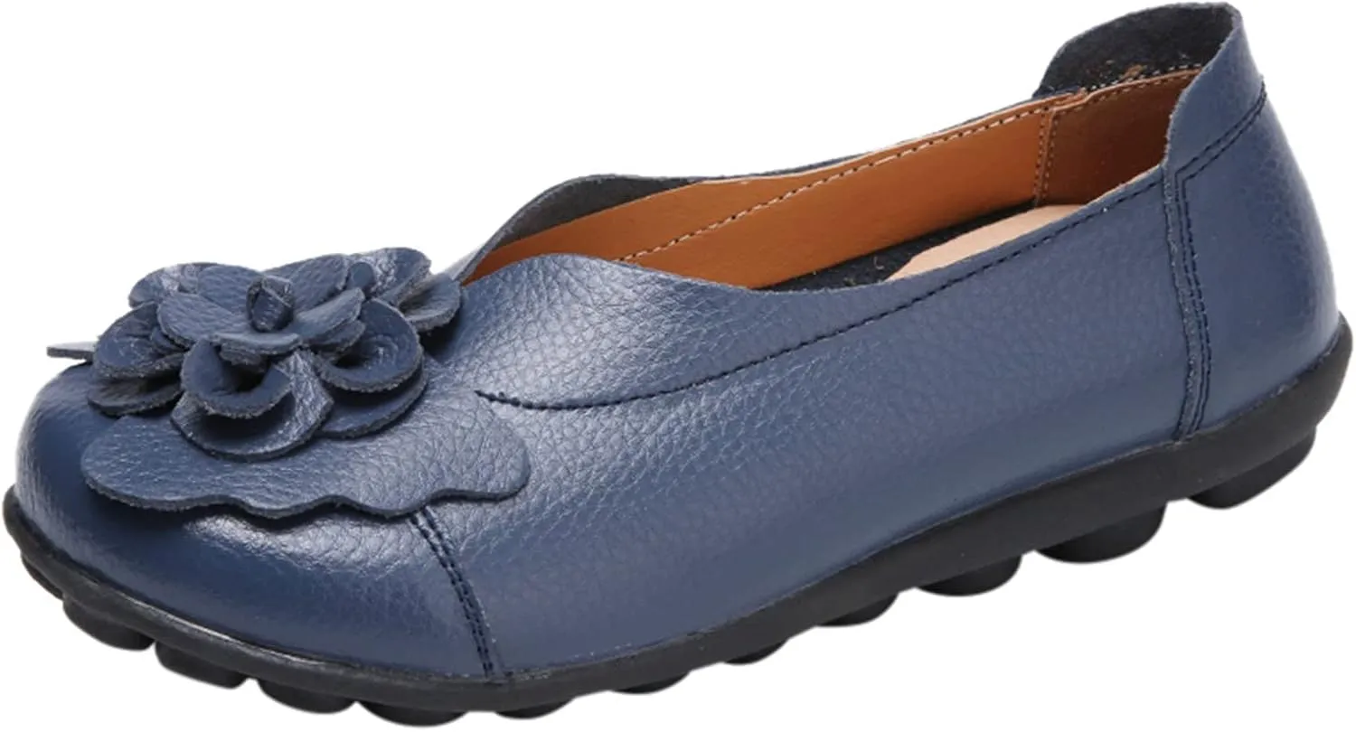 Comfortable Walking Slip on Flat Shoes Ladies Dressy Loafers Breathable Leather Wide Width Loafer Round Toe Wild Fashion Soft Casual Outdoor Sandals for Women