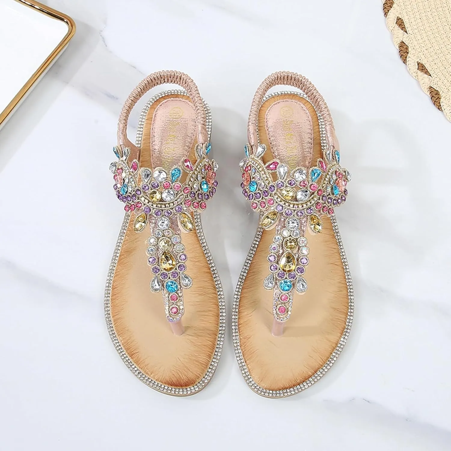Comfortable Women's Sandals Summer Bohemian Rhinestone Beach Flip Flops Sandals Casual Flat Elastic Strap Sandals