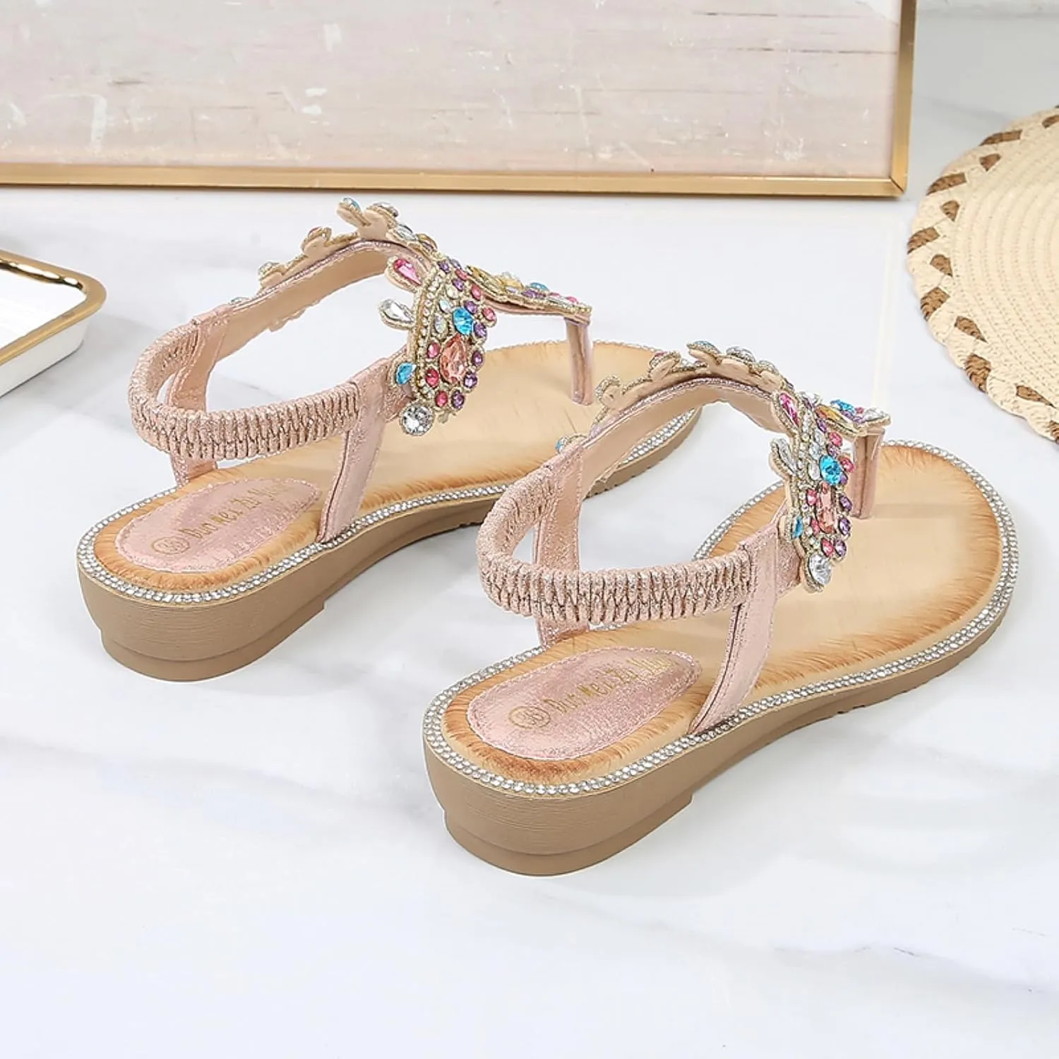 Comfortable Women's Sandals Summer Bohemian Rhinestone Beach Flip Flops Sandals Casual Flat Elastic Strap Sandals