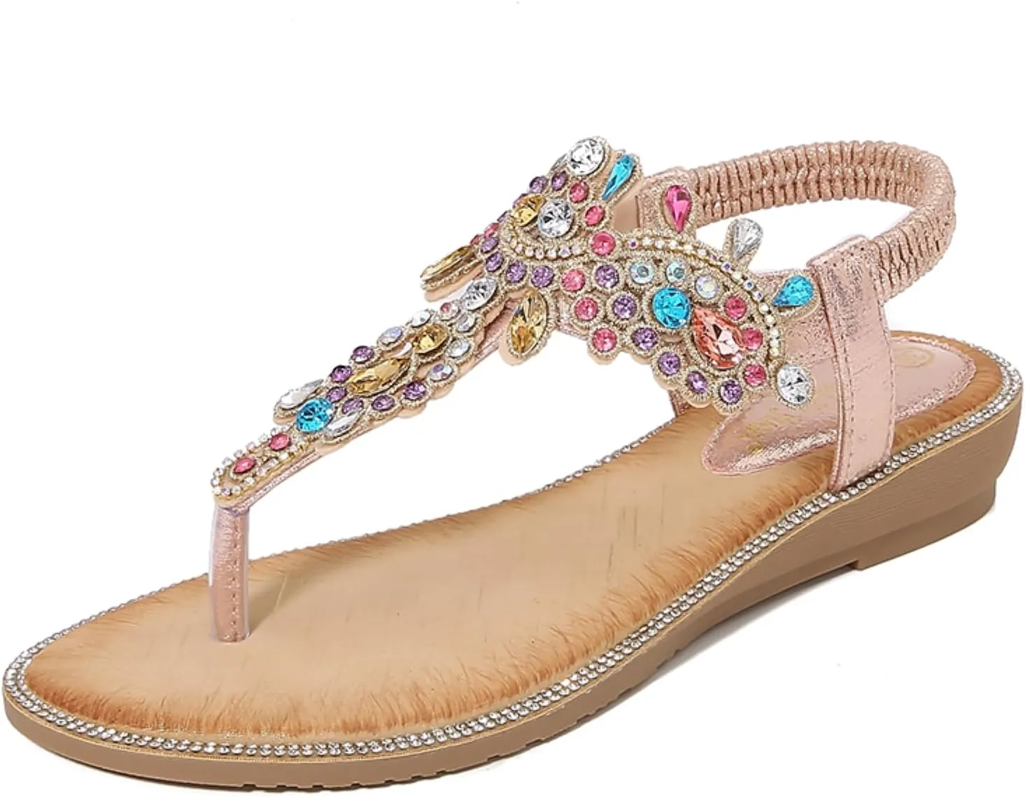 Comfortable Women's Sandals Summer Bohemian Rhinestone Beach Flip Flops Sandals Casual Flat Elastic Strap Sandals