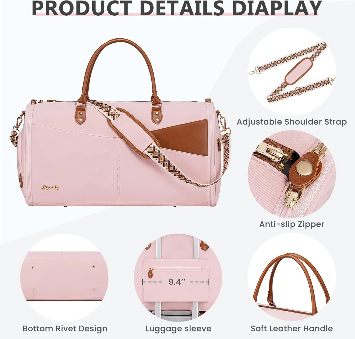 Convertible Garment Duffle Bag for Travel, Carry On Garment Bag for Women, 2 in 1 Travel Garment Bag with Shoe Compartment, Foldable Suit Travel Bag for Hanging Clothes, Pink