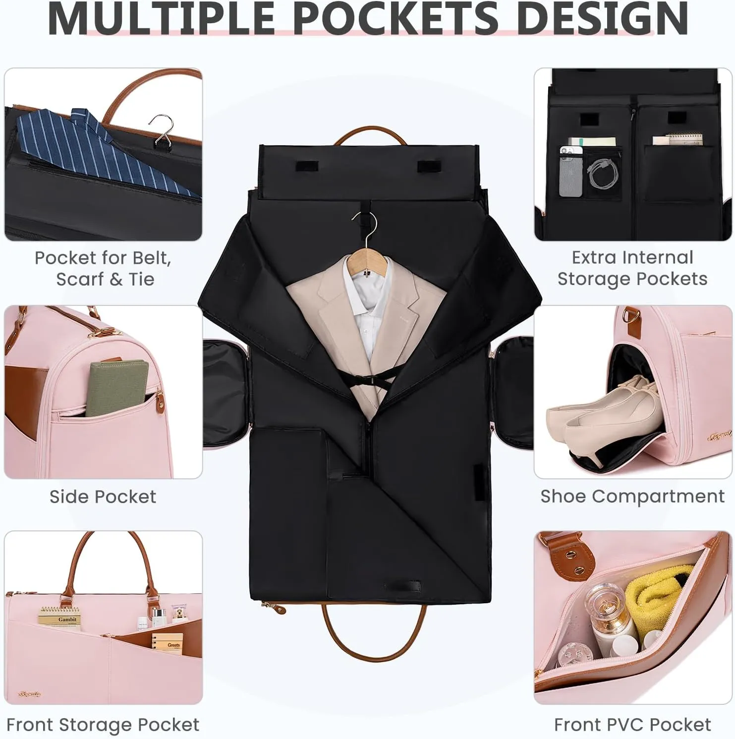 Convertible Garment Duffle Bag for Travel, Carry On Garment Bag for Women, 2 in 1 Travel Garment Bag with Shoe Compartment, Foldable Suit Travel Bag for Hanging Clothes, Pink