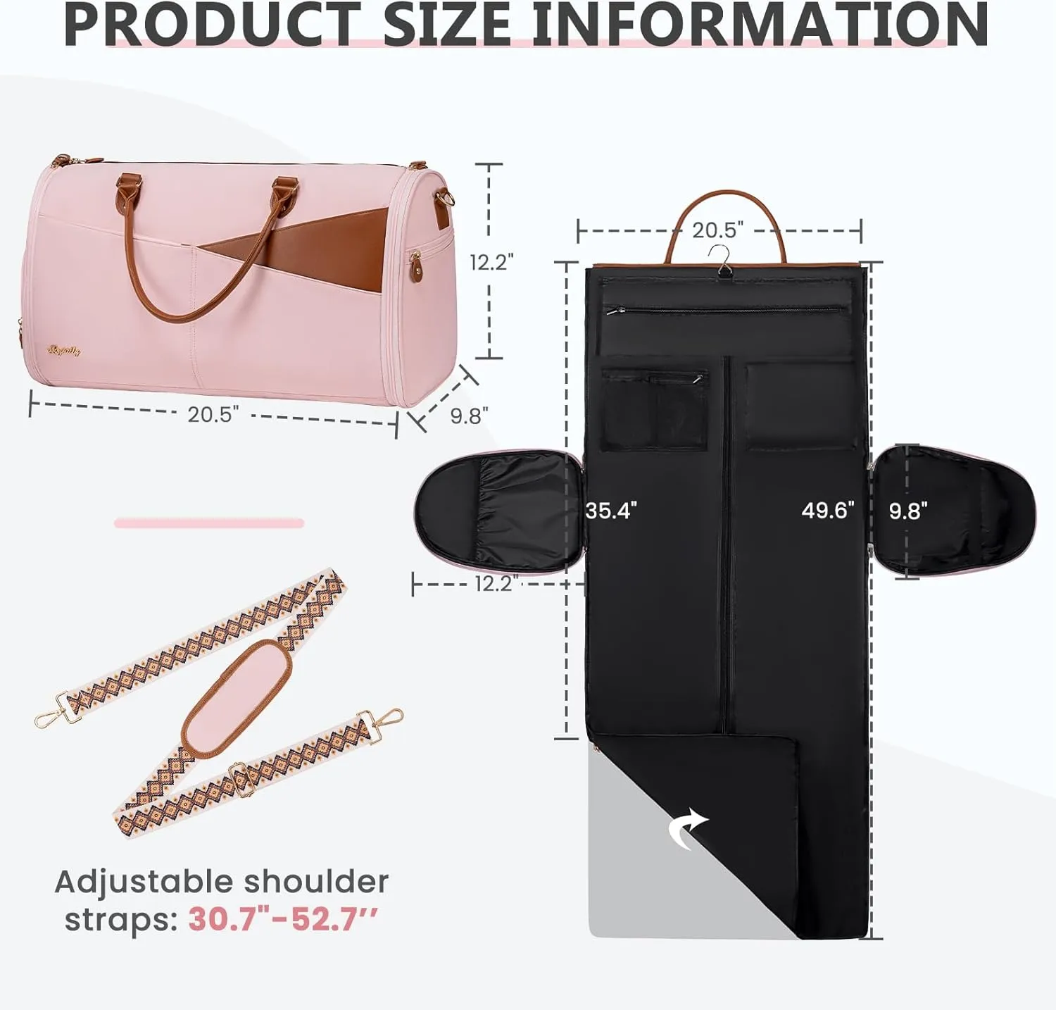 Convertible Garment Duffle Bag for Travel, Carry On Garment Bag for Women, 2 in 1 Travel Garment Bag with Shoe Compartment, Foldable Suit Travel Bag for Hanging Clothes, Pink