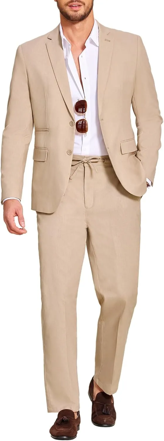 COOFANDY Men's 2 Piece Linen Suits Set Regular Fit Casual Lightweight Blazer Jacket and Pants